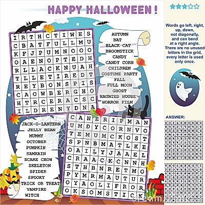 Halloween illustrated zigzag word search puzzle. Answer included. Vector Illustration